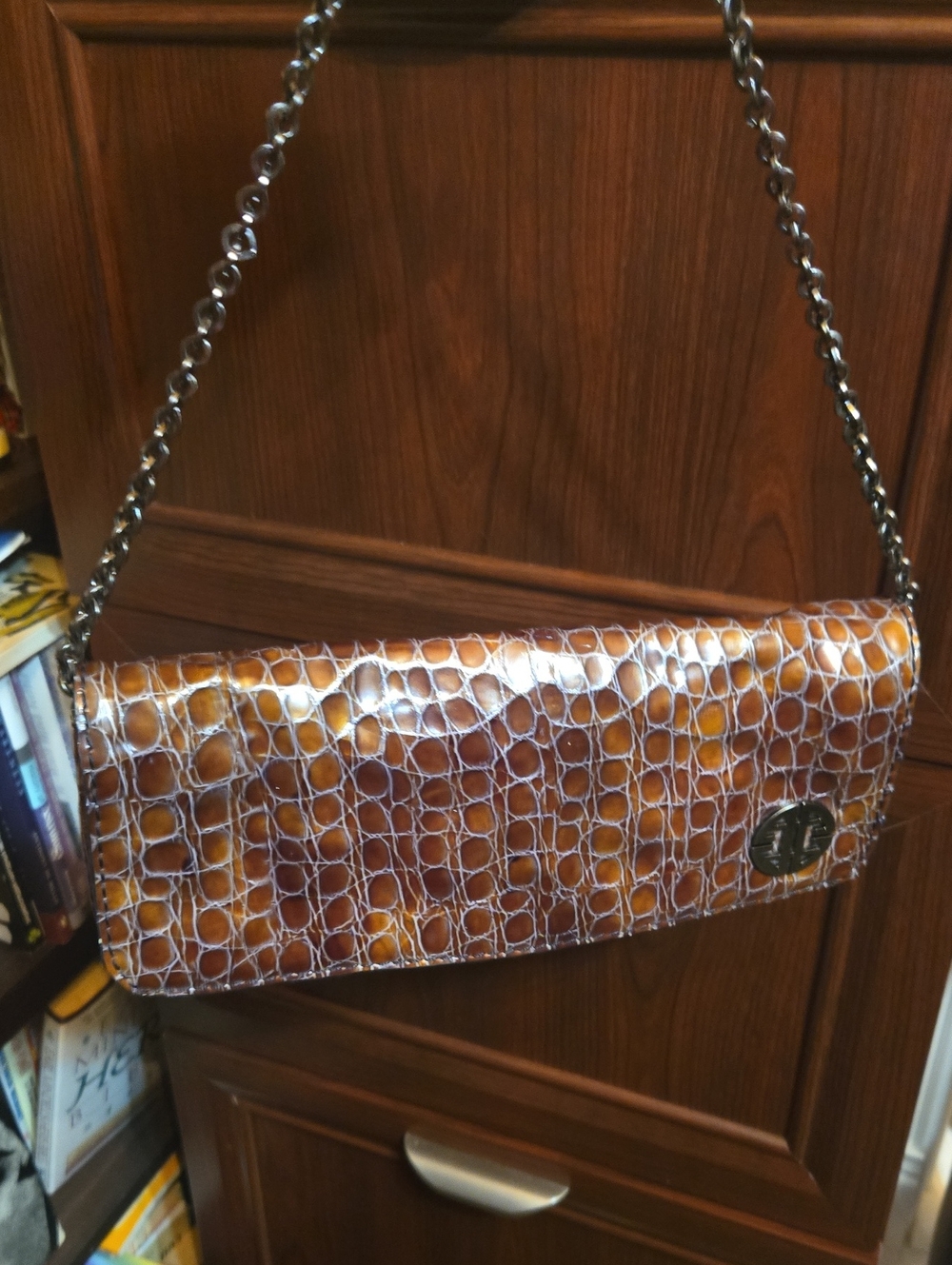 Brown Croc Embossed Patent Leather Clutch / Shoulder Bag Antonio Melani